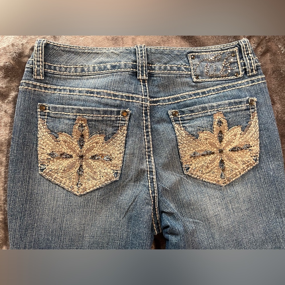 Petite Embroidered and Embellished Code Bleu Light Wash Jeans